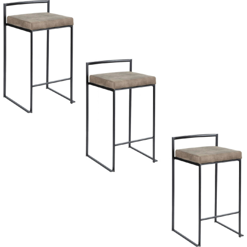 Fuji 26" Stackable Counter Stool in Black Metal & Brown Cowboy Fabric (Set of 3)